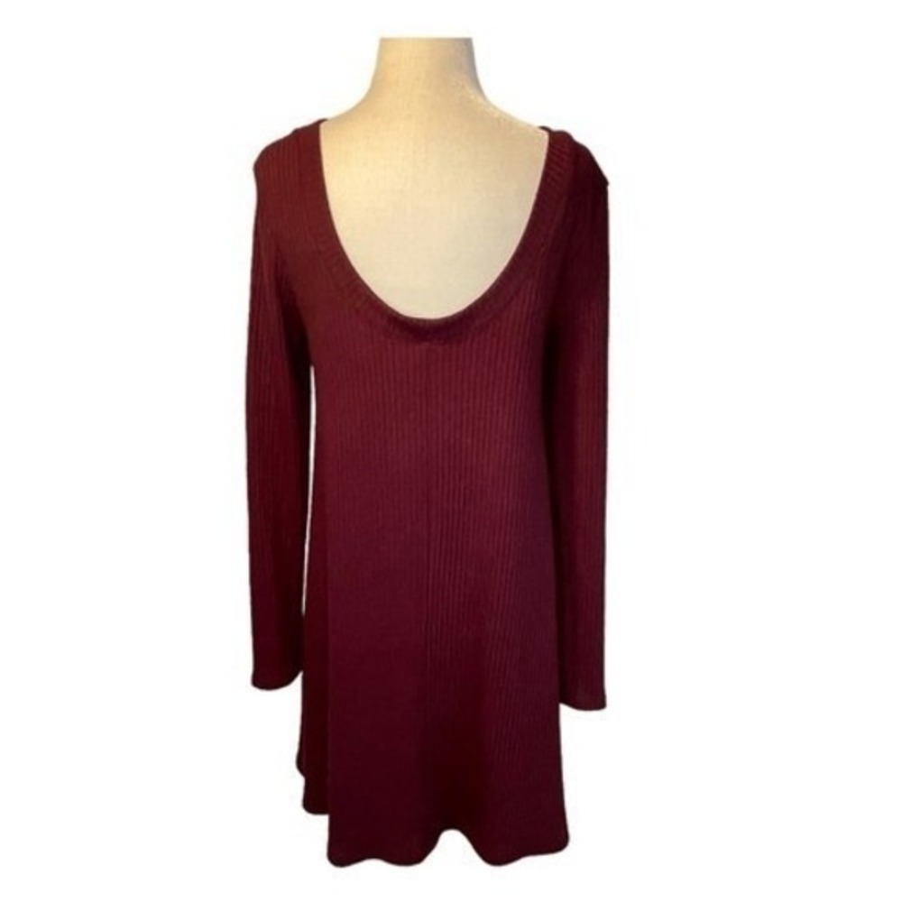 One Clothing Scoop Back Shift Mini Dress Maroon Ribbed Knit Long‎ Sleeve S - Picture 3 of 4